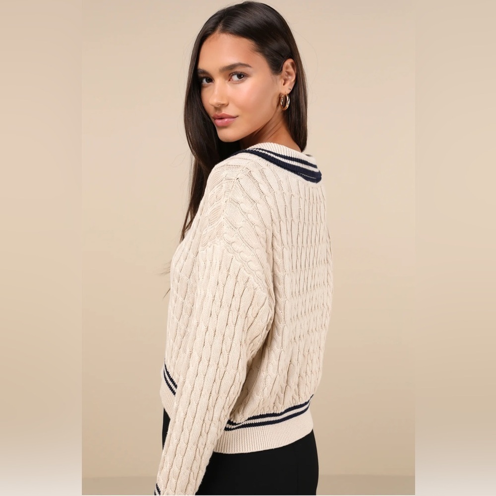 Lulus Posh Expert Beige Cable Knit Pullover Varsity Sweater, Size S - Picture 4 of 15
